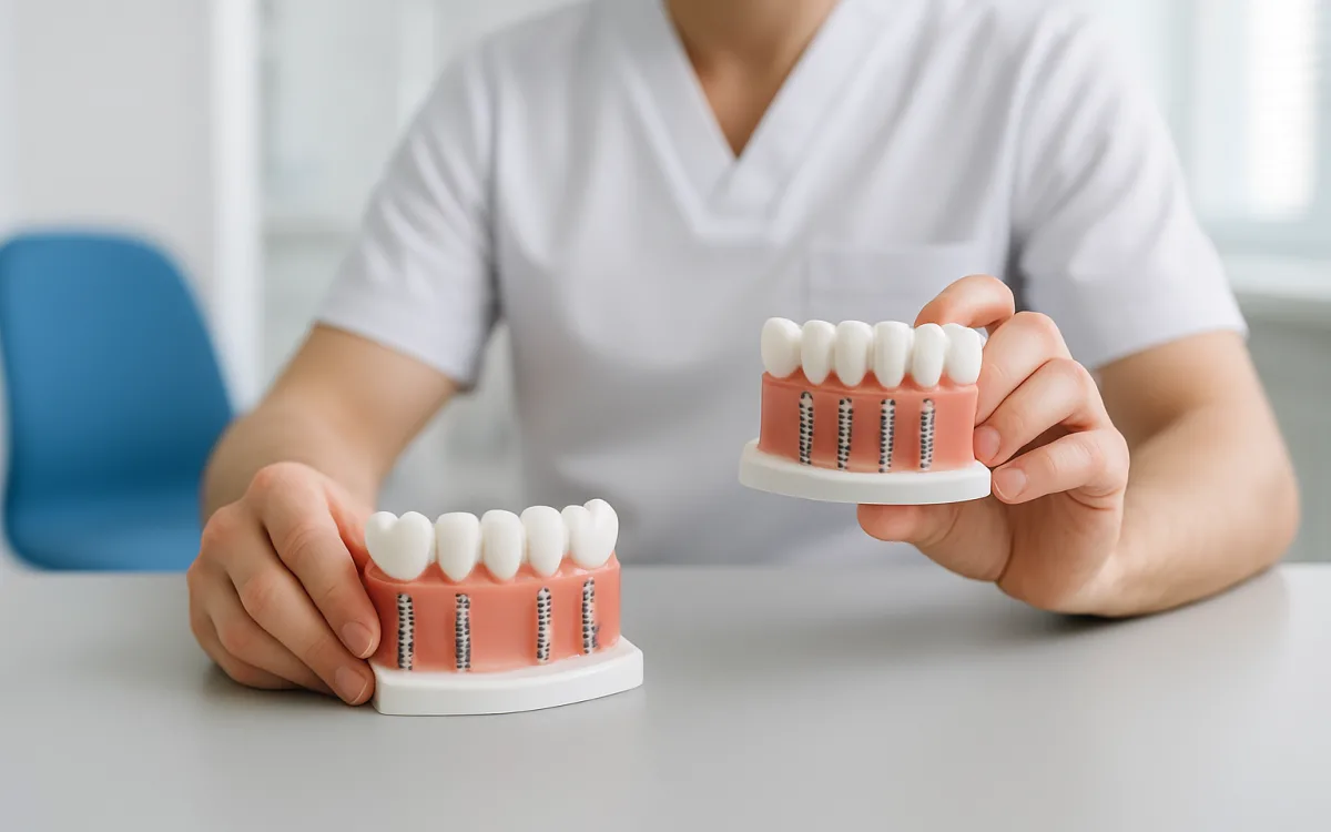 A dentist and patient discuss a full-arch dental implant model together in a modern clinic setting.