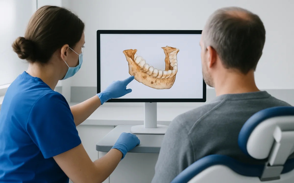 A dentist and patient discussing a dental scan showing the upper jaw and sinuses, with models of dental implants and grafting materials on the table.