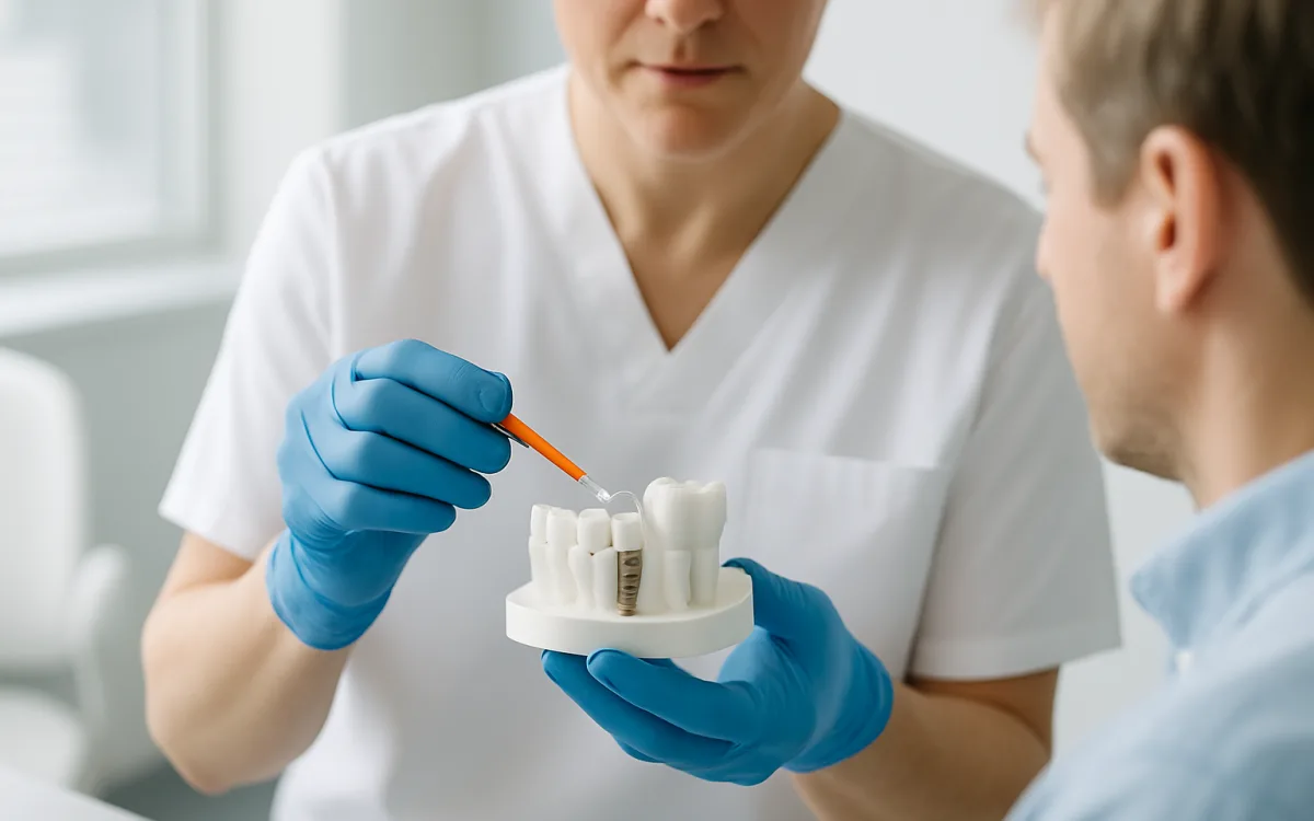 A dentist in gloves carefully examining a patient’s dental implants during a routine check-up in a bright, modern clinic.