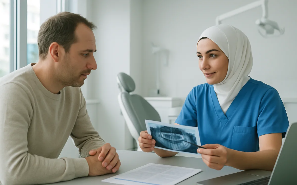 A patient consults with a dentist in a modern Turkish dental clinic, with dental equipment and panoramic X-rays visible.