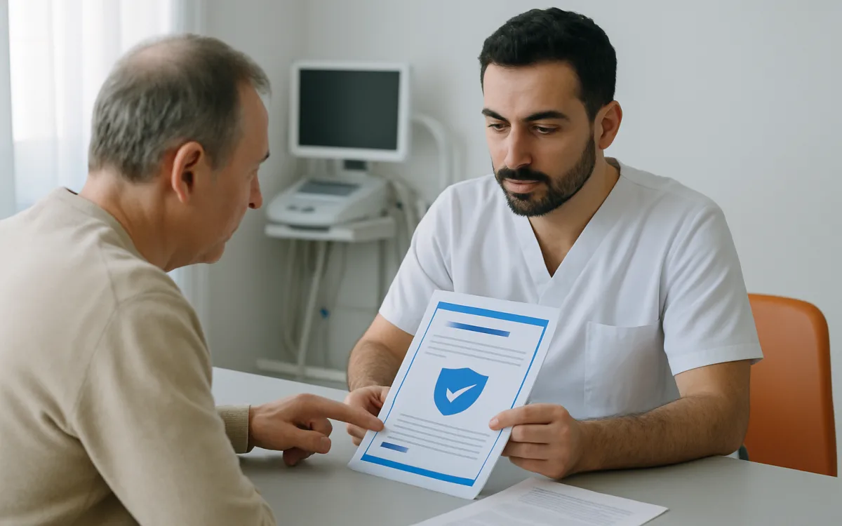 A dentist shows a dental implant model to a patient in a modern clinic, highlighting the separate components covered by different guarantees.