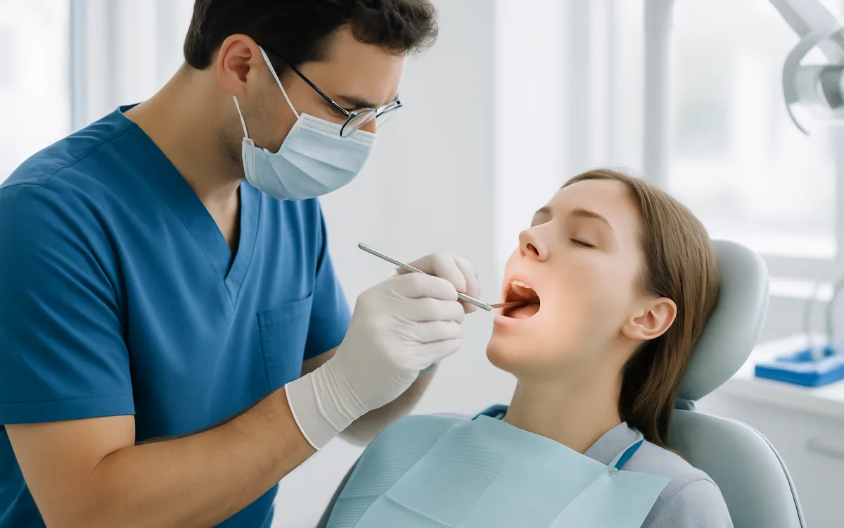 A dentist gently checks the healing gums of a patient after dental implant surgery in a modern clinic setting.