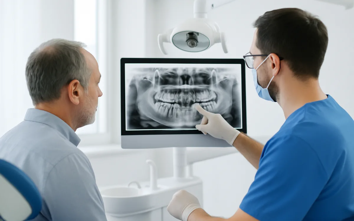 A patient and a dentist in a modern Turkish dental clinic, discussing an X-ray before treatment.