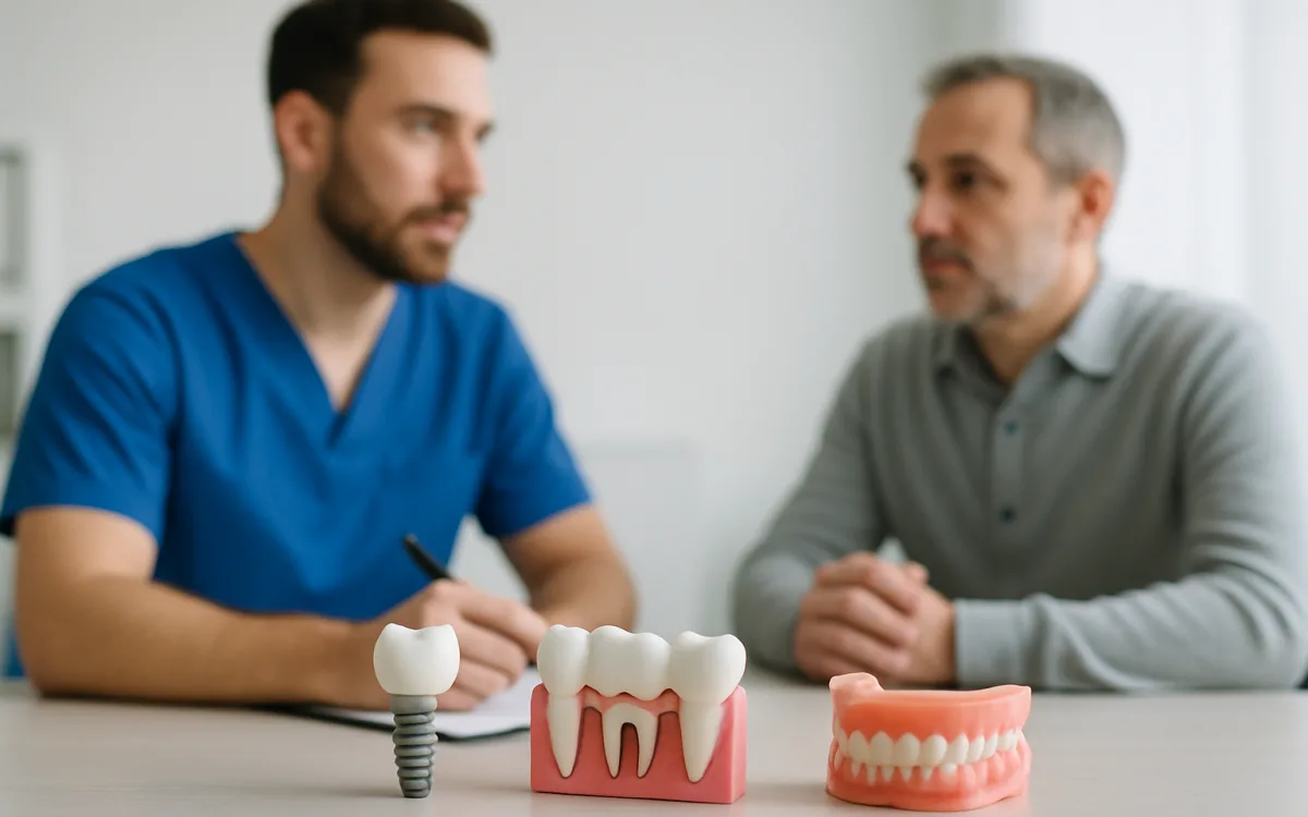 A dental patient and dentist discussing treatment options with models of an implant, bridge, and denture on the table.