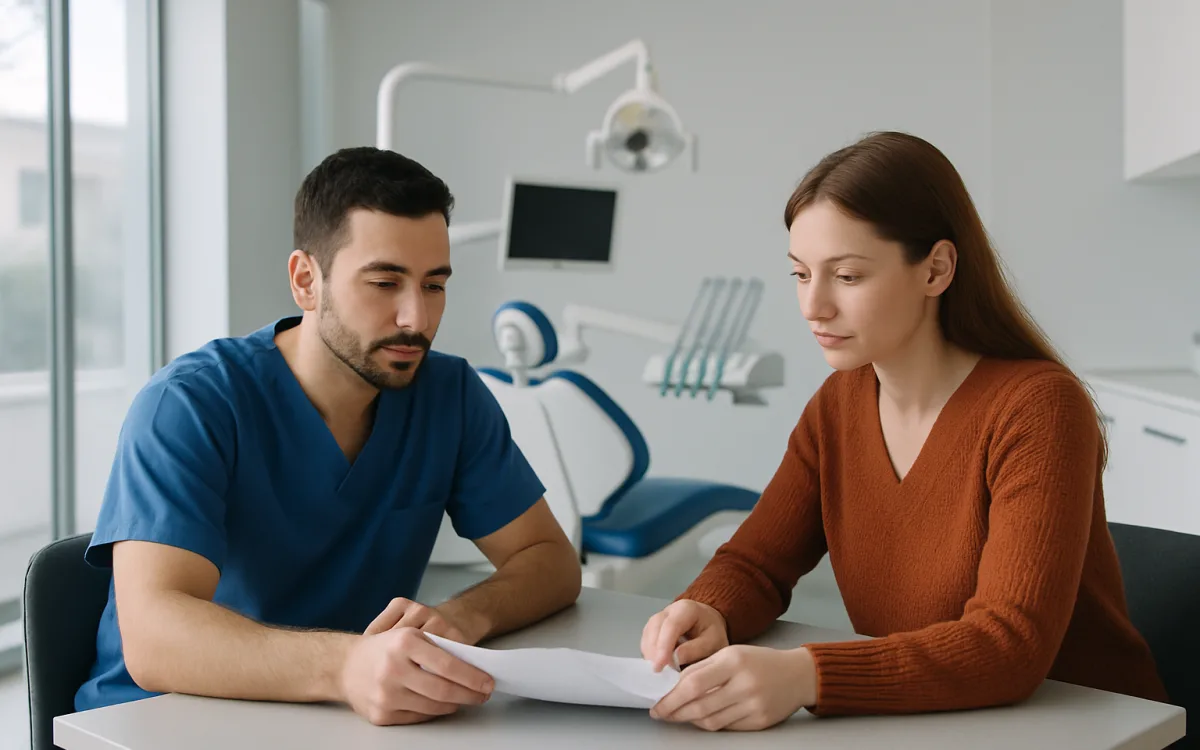 A patient and a dental professional discuss treatment options in a modern Turkish dental clinic, with certificates visible on the wall.