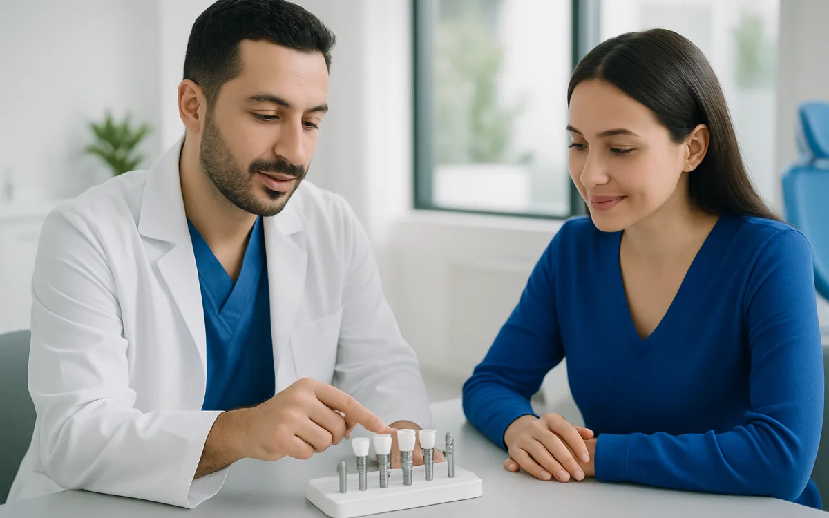 A dental professional compares different types and sizes of dental implants on a tray in a modern clinic, showing metal and ceramic options.