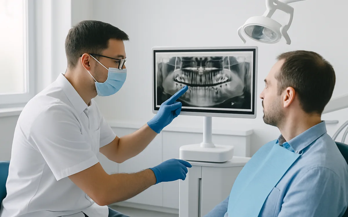 A dentist and patient reviewing a dental X-ray together in a bright clinic, discussing possible implant options.