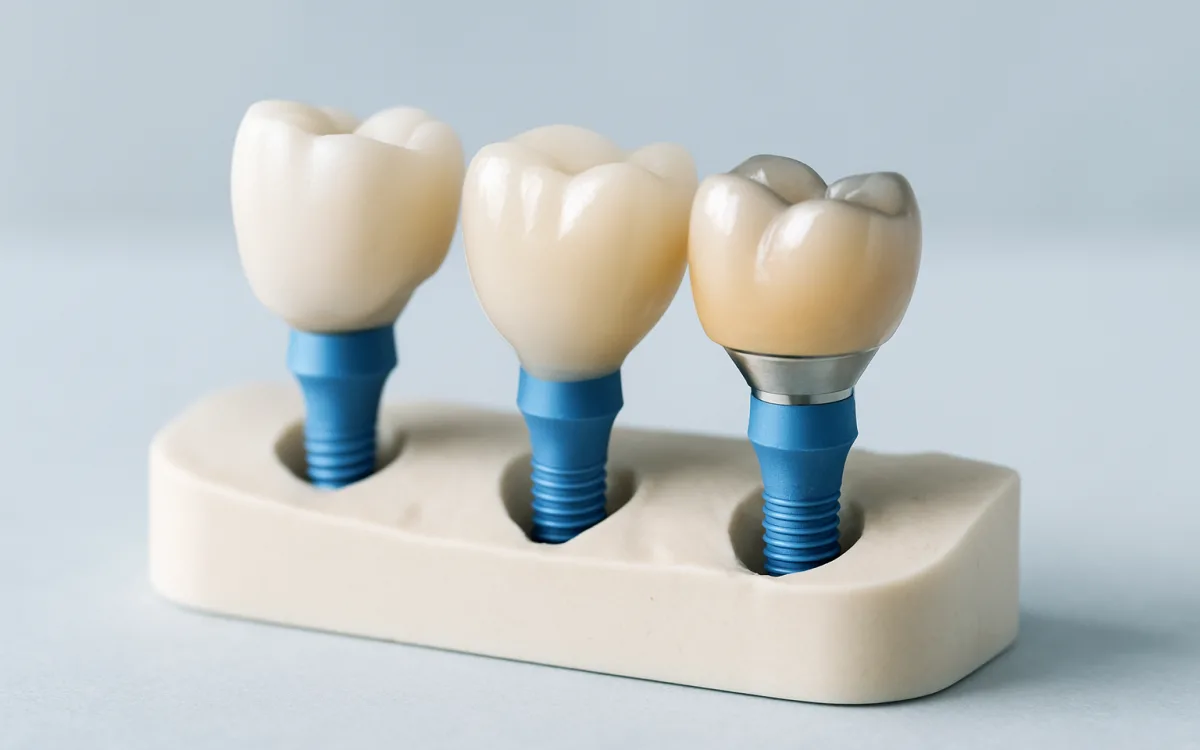 A close-up photograph of dental crowns of different materials displayed on a model jaw, showing their colours and translucency.